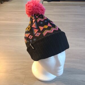 Patagonia Kids Powder Town Black Beanie with Pink Pom Pom
